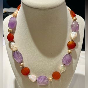 18” Gemstone Amethyst Carnelian Mother Of Pearl Fresh Water Pearl Necklace